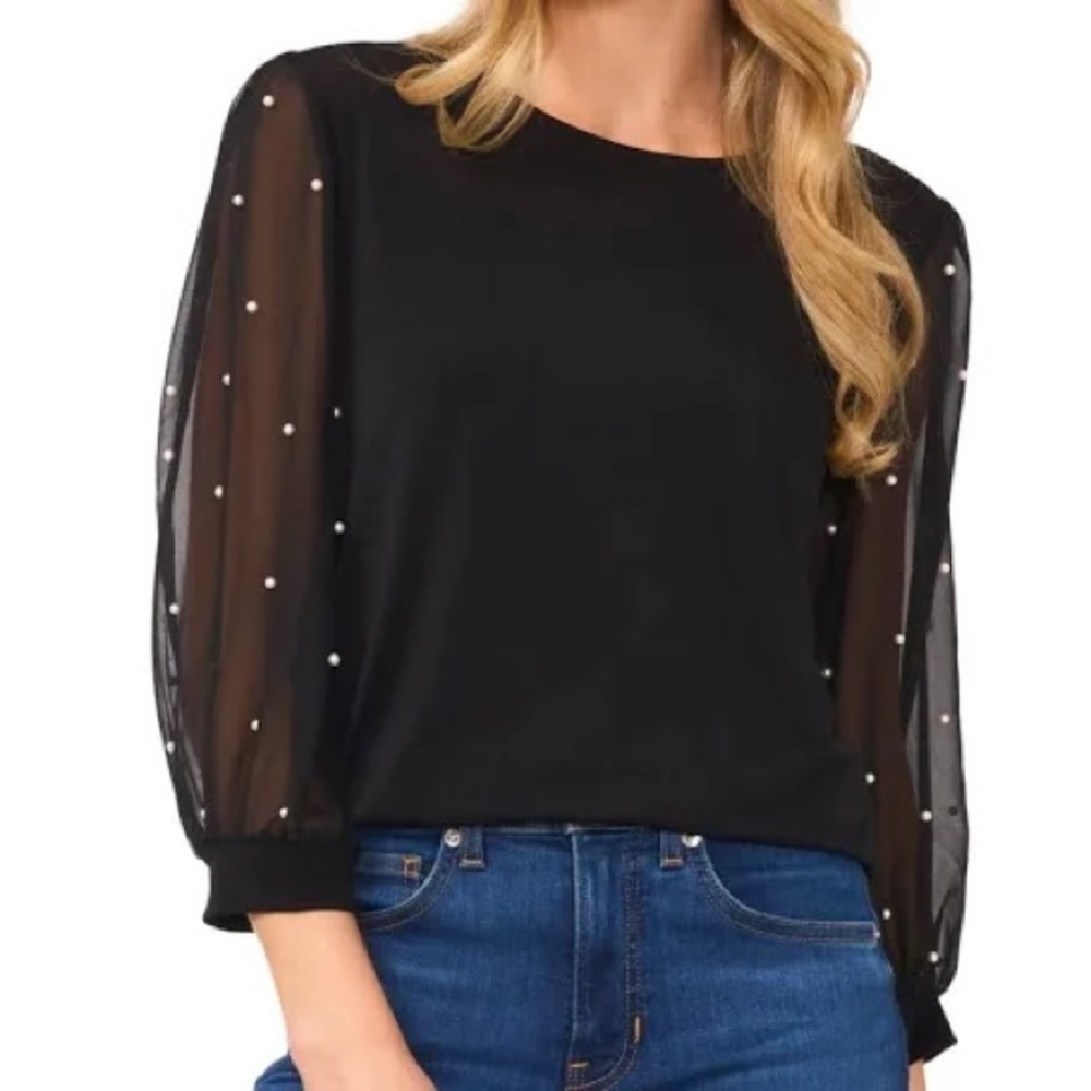 NWT CeCe Black Blouse with Sheer Pearl Sleeves